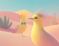 A yellow roadrunner with a bowtie and a yellow roadrunner with a hairbow